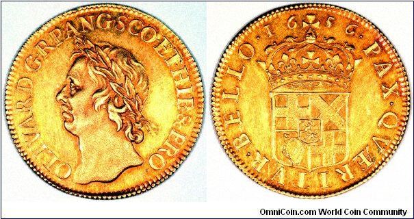 Gold Broad (twenty shillings) of Oliver Cromwell.
All portrait coins of Cromwell are scarce.
Images copyright Chard