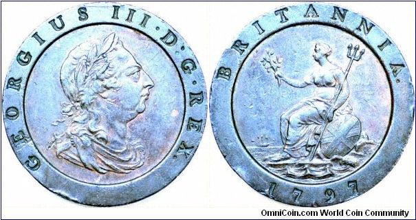 Cartweel penny of George III, struck at Matthew Boulton & James Watt's Soho Mint in Birmingham.
Images copyright Chard