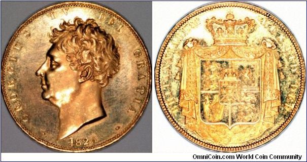 Gold five pounds of George IV, 1826.
Images copyright Chard