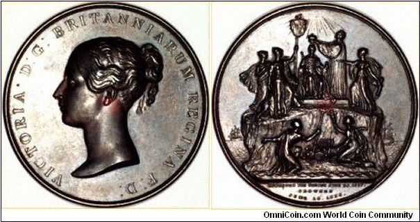 Large (73mms.) copper Coronation medallion of Queen Victoria 1838, engraved by G.R. Collis.
Images copyright Chard