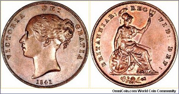 Copper penny of Victoria, young head, often known as bun head, 1841.
Images copyright Chard