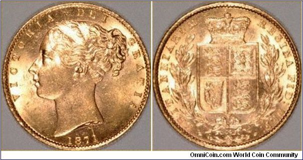 Young head gold sovereign with shield reverse 1871 London Mint.
Images copyright Chard