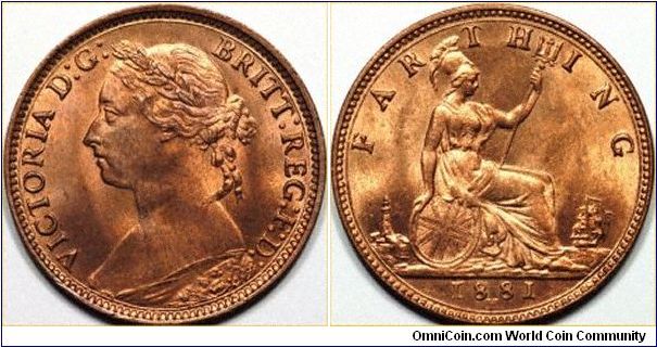 1881 Bronze farthing. Young head Victoria with H mintmark below date, struck at Ralph Heaton & Sons of Birmingham.
Images copyright Chard