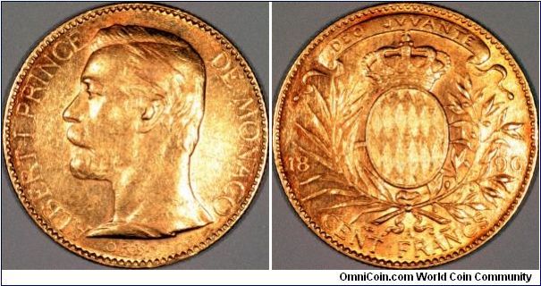 Gold 100 francs of Prince Albert of Monaco 1896.
We raely see these large gold coins from Monaco.
Images copyright Chard