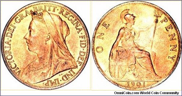 Bronze penny 1901, the last date of Queen Victoria's reign, showing the old (widow or veiled) head,