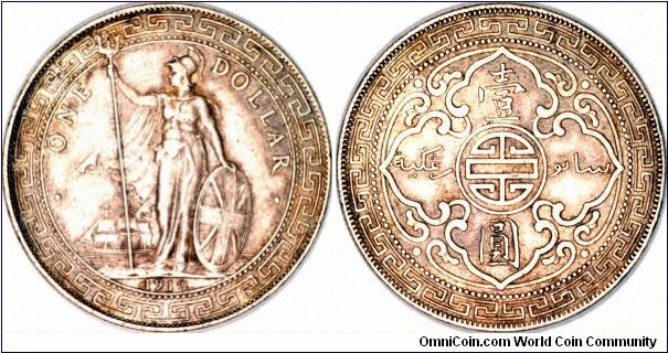 British Trade Dollar dated 1910, struck for use in the Malay Peninsula, but also used in China, Thailand and other parts of the orient.
The 'B' mintmark of the Bombay Mint can be seen on the centre prong of Britannia's trident.