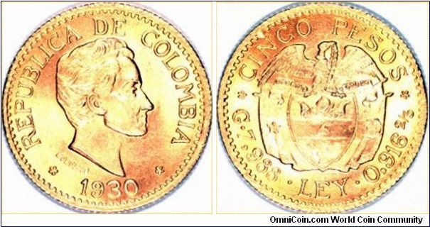 Gold 5 pesos of Colombia 1930, with head of Simon Bolivar.
Images copyright Chard