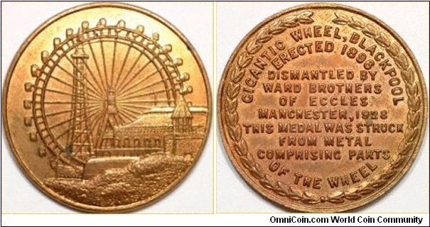 Medallion showing the Big Wheel in Blackpool, Lancashire, England, with Blackpool Tower in the background, made to appear smaller than the wheel.
Erected 1898.
Struck from copper of the wheel after demolition in 1928.
Compare this with our 1896 medallion for the erection and opening of this attraction.
Images copyright Chard