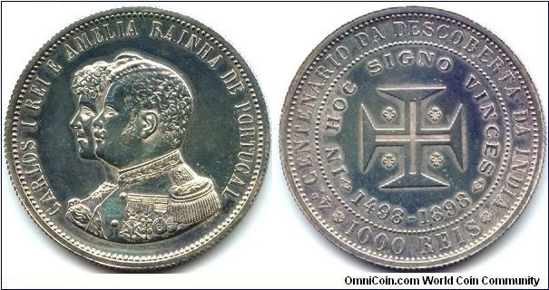 Portugal, 1000 reis 1898.
King Carlos I and Queen Amelia - 400th Anniversary Discovery of India.