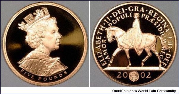 Five pounds crown in gold, for the Queen's Golden Jubilee. The equestrian portrait reflect those used in 1953 and 1977 for the Coronation and Silver Jubilee respectively.
