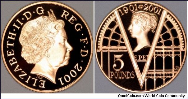 Gold proof crown to commemorate the centenary of Queen Victoria's death in 1901. Also issued in cupro-nickel uncirculated and proof, and silver proof versions.