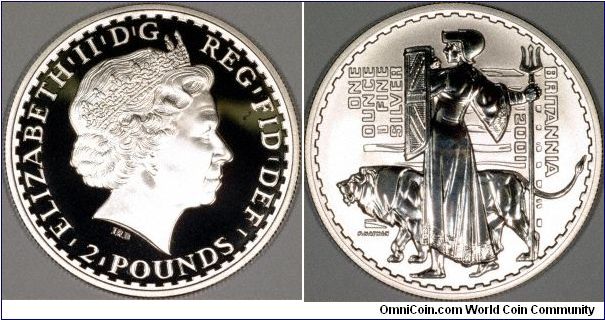 Silver proof version of the UK Britannia bullion coin. The reverse has a reverse proof finish, which is not universally popular.