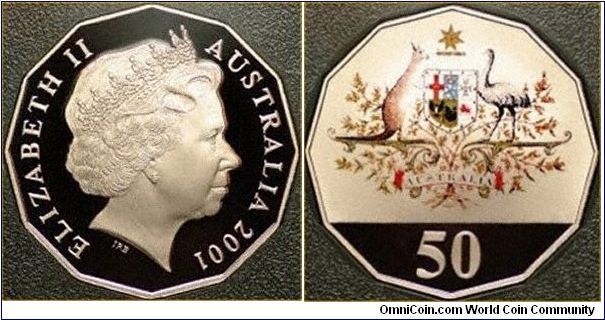Silver proof fifty cent coin with coloured reverse.