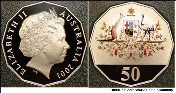 Silver proof fifty cent coin with coloured reverse.