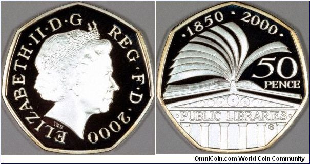 Silver proof fifty pence coin to commemorate the 150th anniversary of public libraries in the UK. Reverse design incorporates turning pages of a book, scrolls and a classical building architrave.