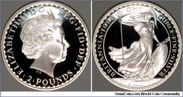 Silver proof version of the UK Britannia one-ounce bullion coin. This has the classic standing Britannia.