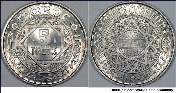 Aluminium 5 francs from Morocco (Maroc), dated 1370 AH, which translates to 1949 - 1950.