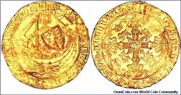 Hammered gold noble of King Henry VI, issued between 1422 and 1427 by the London Mint.