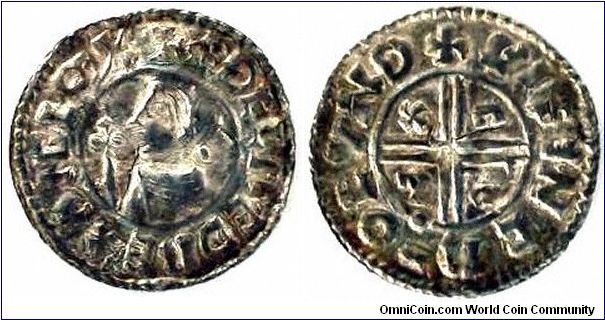 Hammered mediaeval silver penny of King Ethelred II (popularly known as The Unready), CRUX reverse type.
Issued sometime between 978 and 1016.