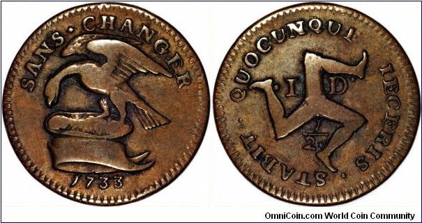 Manx copper halfpenny token of 1733. the obverse shows the Stanley family arms and motto, the reverse the triune symbol of the Isle of Man, with its mottoe Quocunque Jeveris Stabit, whichever way you throw (me), I will stand.