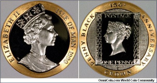 Manx half ounce gold crown for the 150th anniversary of the Penny Black stamp. This coin features an unusual but atractive, appropriate and relevant partial black finish.