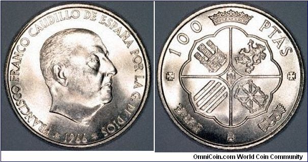 Spanish silver 100 pesetas with portrait of General Franco.
As most Spanish coins, the actual year of production is shown very small on the two stars at either side of the larger date.
