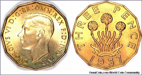 The first date of brass threepence, and the world's first 12 sided (dodecagonal) coin.
There were also some 1937 pattern coins made with Edward VIII's portrait, but these were never issued for circulation, and remain very rare.