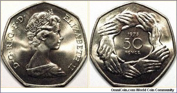 Fifty pence coin with circle of 9 hands, to symbolise Britain's entry into the EU, EC, or EEC as it may then have been called.