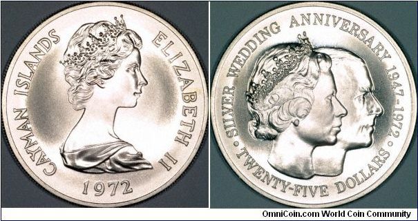 Large silver crown issued to commemorate the Silver Wedding Anniversary of Queen Elizabeth II to Prince Philip.