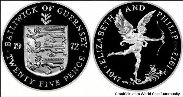 Silver proof crown issued by Guernsey to commemorate the Silver Wedding Anniversary of the Queen and Prince Philip. The reverse features the statue of Eros, from Piccadilly Circus London.