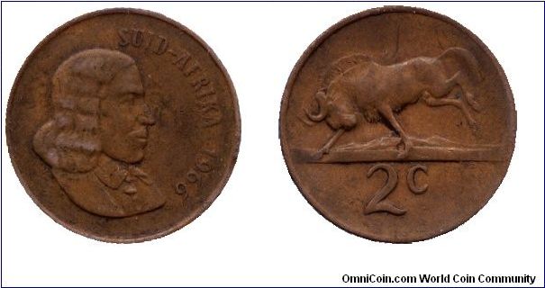 South Africa, 2 cents, 1966, Bronze, Black Wildebeest, Africaans legend.                                                                                                                                                                                                                                                                                                                                                                                                                                            