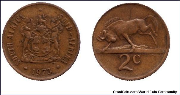 South Africa, 2 cents, 1973, Bronze, Black Wildebeest.                                                                                                                                                                                                                                                                                                                                                                                                                                                              