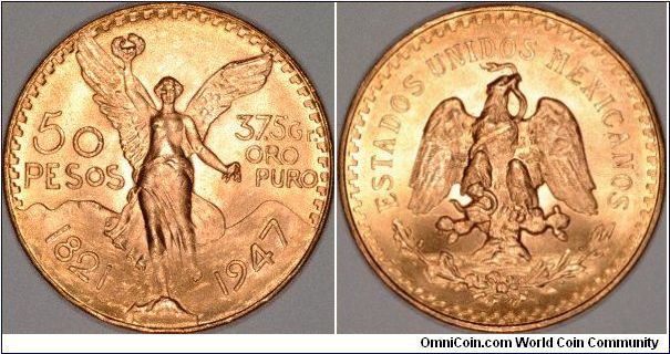 Mexico's familiar gold bullion coin, the 50 pesos, was one of the most popular gold bullion coins before the arrival of the South African Krugerrand. It still remains a popular and attractive large gold bullion coin.
Most of the 1947 dated coins are official restrikes, the earlier dates are believed to have been struck in the year of their date.