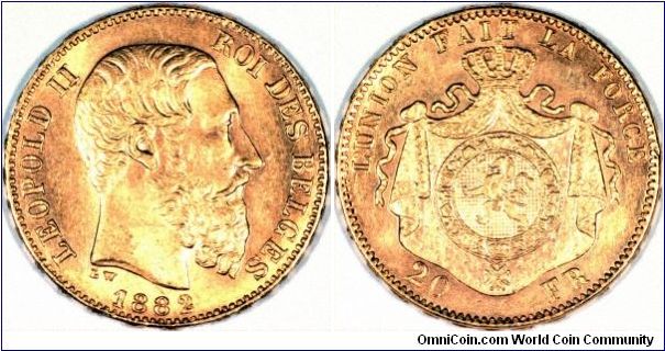 Gold 20 francs of King Leopold II.