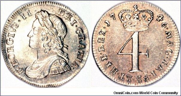Maundy fourpence of 1746 for George II.
The Battle of Culloden was fought in 1746. This battle was not just English against Scots, rather Jacobites (originally Catholic supporters of James II), against Protestants, English and Hanoverians. George II was of Hanover descent.