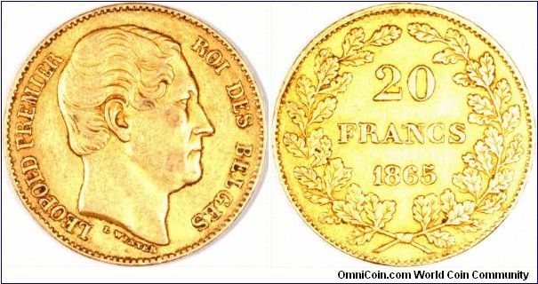 Belgian 20 francs of Leopold I with value in wreath.
This particular coin has the engraver's signature spelled incorrectly as WINNER rather than WIENER.
Could the engraver not spell his own name, or had he enjoyed too good an evening previously?
Resized images at 400 x 400.