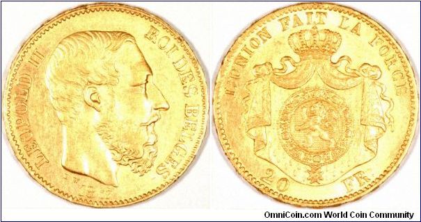 Gold 20 francs of Leopold II with ornate crowned and draped coat of arms on reverse.
Updated images to 400x400.