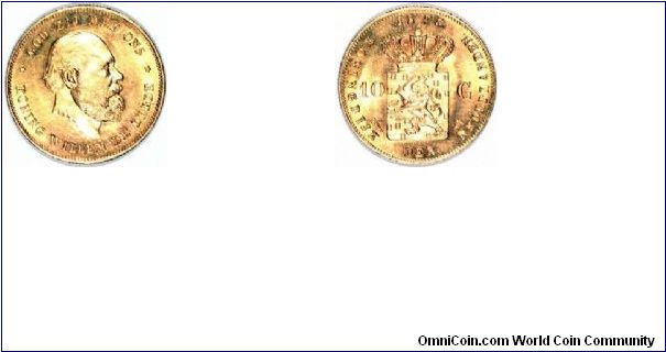The only date issued of this type, gold 10 guilders of Willem III of Holland.