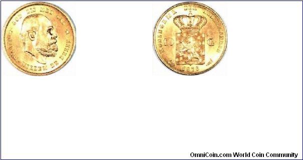 Dutch gold 10 guilders of Willem III, this type was issued from 1876 to 1889 inclusive.