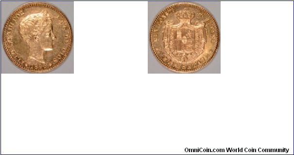 Spanish gold 20 pesetas of King Alphonso XIII