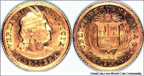 Peruvian gold One Fifth Libra (1/5 DE LIBRA).