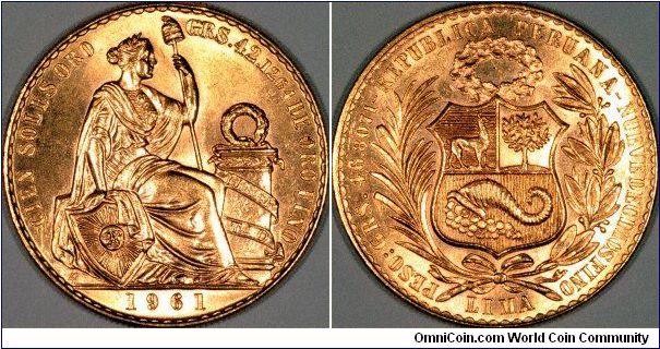 Large Peruvian gold 100 soles coin, issued from 1950 to 1970 inclusive. Many dates are quite low mintage.
