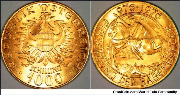 Austrian gold 1000 schillings issued to commemorate 1000 Years of the Bambenberger Dynasty.