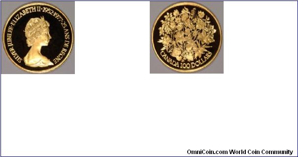 Canadian proof gold $100 issued to celebrate the Queen's Silver Jubilee in 1977.