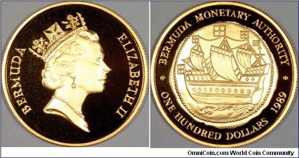 Bermudan gold proof Hogge Money, one ounce gold bullion coin has Sailing Ship reverse as on original Bermuda hogge money issues.