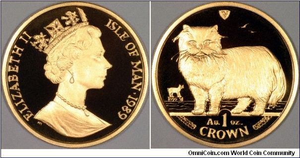 Manx gold proof cat one ounce bullion coin. The cat series of crowns in gold silver and base metals has proved to be very popular. The 2 specks above the cat are not blobs, they are birds (kittiwakes?).