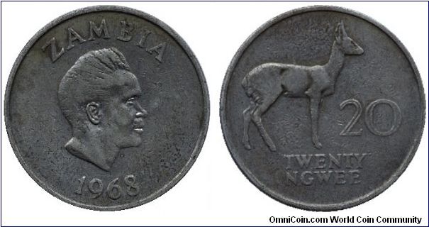 Zambia, 20 ngwee, 1968, Cu-Ni, President K. D. Kaunda , oribi buck                                                                                                                                                                                                                                                                                                                                                                                                                                                  