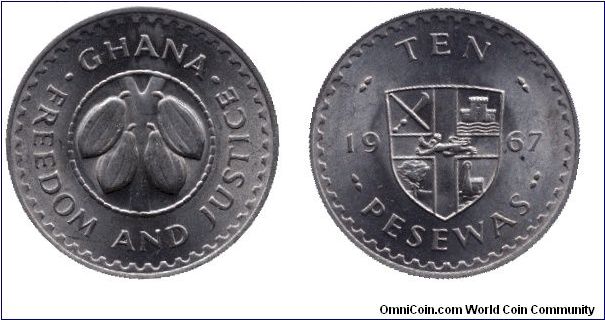 Ghana, 10 pesawas, 1967, Cu-Ni, cocoa bean                                                                                                                                                                                                                                                                                                                                                                                                                                                                          