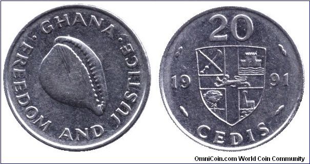 Ghana, 20 cedis, 1991, Ni-Steel, sea-shell, Freedom and Justice                                                                                                                                                                                                                                                                                                                                                                                                                                                     