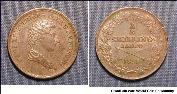 1836 Sweden 2/3 Skilling